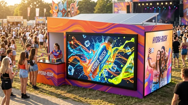 Render ilustrativo: pantalla en festival