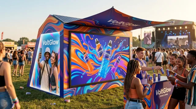 Render ilustrativo: stand de festival con promotores