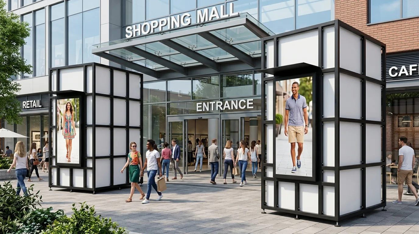 Render ilustrativo: módulos en acceso de centro comercial